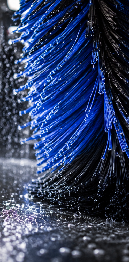 Blaue Waschbürste mit Wassertropfen